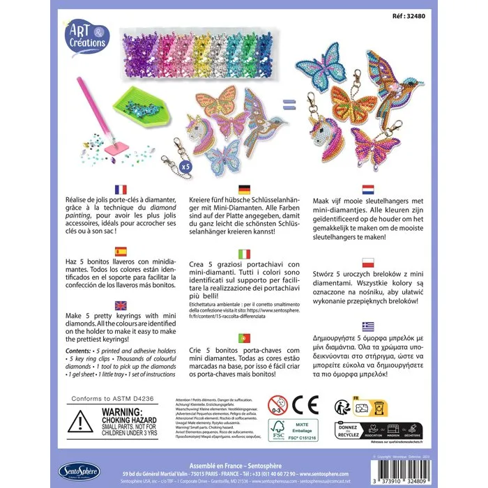Sentosphere - Kit Créatif Porte-Clés Diamant Painting - 5 Supports avec Strass Multicolores et Attaches - Art & Créations - À partir de 8 ans
