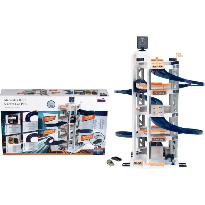 Garage Mercedes-Benz 5 niveaux Klein - Avec deux voitures miniatures (1:24), ascenseur, station de lavage et station-service - Jouet pour enfants dès 3 ans