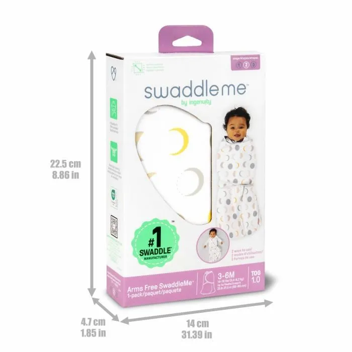 Ingenuity SwaddleMe Emmailloteuse Évolutive Convertible Gigoteuse Sac de Couchage Lunes Sans Bras TOG 1 3-6 Mois (14-18 lbs/30 pouces) Certifié Oeko-Tex
