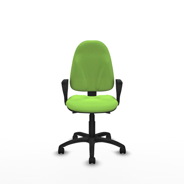 Chaise de bureau Algarra avec mécanisme asynchrone, revêtue de tissu couleur pistache. Équipée d'une base en polyamide noir, d'accoudoirs fixes et de roulettes en nylon de 50 mm.