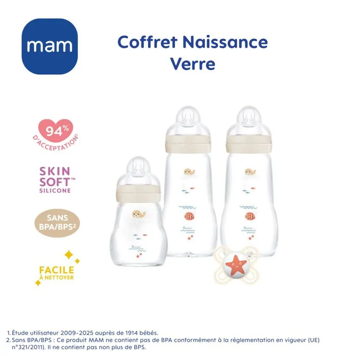 MAM Coffret de Naissance Biberons en Verre 170ml + 260ml x2 + Sucette Naissance - Biberons Verre Lavables au Lave-vaisselle et Stérilisables