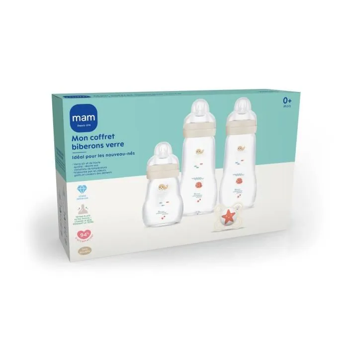 MAM Coffret de Naissance Biberons en Verre 170ml + 260ml x2 + Sucette Naissance - Biberons Verre Lavables au Lave-vaisselle et Stérilisables