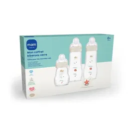MAM Coffret de Naissance Biberons en Verre 170ml + 260ml x2 + Sucette Naissance - Biberons Verre Lavables au Lave-vaisselle et Stérilisables