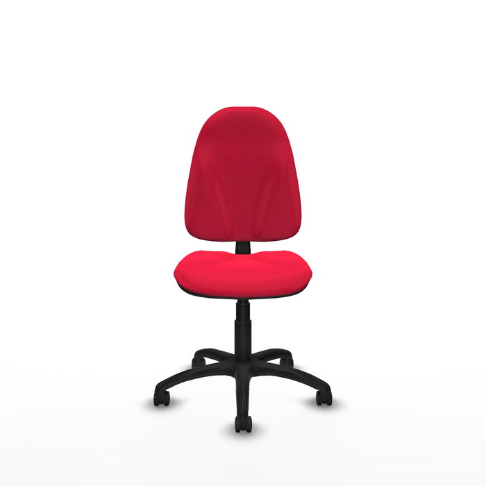 Chaise de bureau Algarra avec mécanisme de contact permanent de base, recouverte de tissu rouge. Équipée d'une base en polyamide noir, sans accoudoirs et avec roulettes autobloquantes.