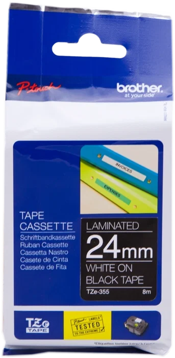 Brother TZe-355 Ruban laminé blanc sur noir 24 mm x 8 m