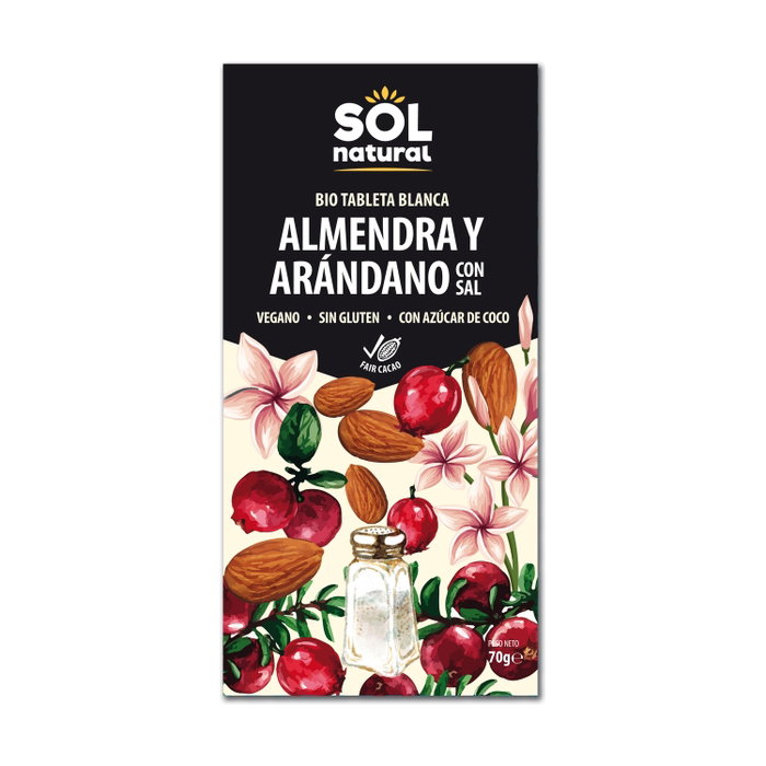 SOLNATURAL Tablette de chocolat blanc bio aux amandes et bleuets 70g