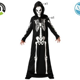 Disfraz Costume Enfant Squelette avec Capuche Unisexe, Taille 7-9 Ans, Halloween - Polyester Noir