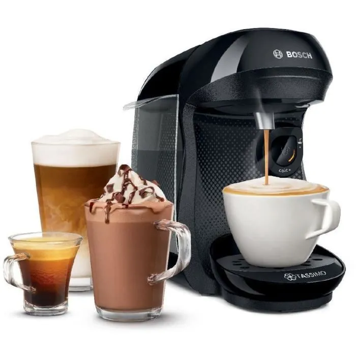 Bosch TAS102EC3 - Machine à café automatique Tassimo Happy noire - Inclut 3 packs de T-Discs - Compacte, éco-conçue, réservoir 0.7L, facile d'utilisation