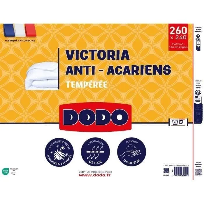 Dodo Couette Victoria, tempérée 300g/m², anti-acariens, antibactérien, lavable machine, 240x260 cm, blanc - Fabriqué en France