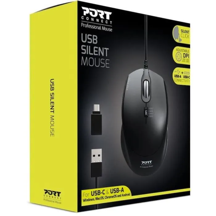 Port Designs Mouse Office Pro Silent Wired - Souris filaire optique silencieuse avec molette de défilement - Compatible USB et USB-C - Noir
