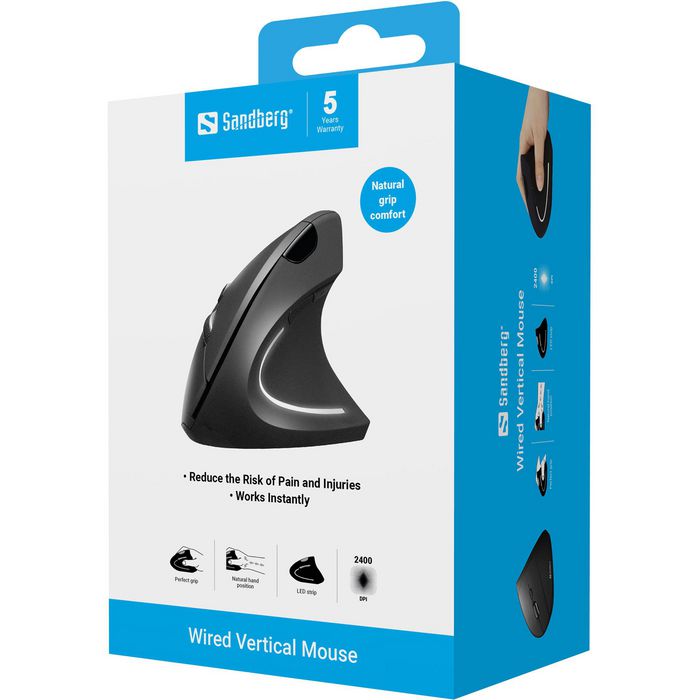 Sandberg Souris Verticale Filaire USB Ergonomique pour Prévention des Douleurs au Poignet - Format Naturel pour Main Sandberg Souris Verticale Filaire USB Ergonomique pour Prévention des Douleurs au Poignet - Format Naturel pour Main