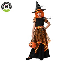 Déguisement Sorcière avec Robe Longue et Jupe Volumineuse et Chapeau Pointu Orange pour Fille 5-6 Ans - Polyester - Thème Halloween