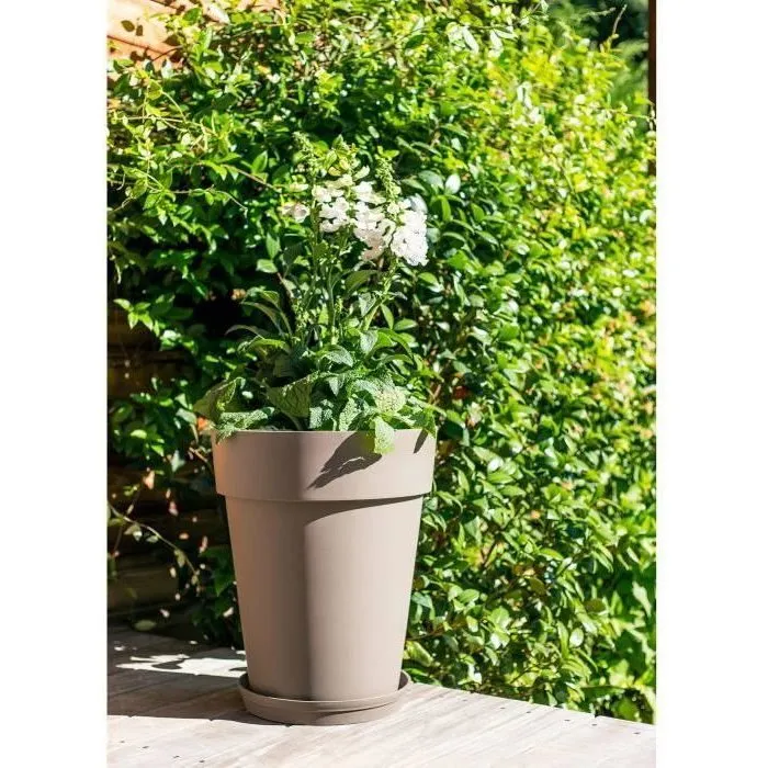 Eda - Vase de jardin Toscane, Taupe, Ø 44 x H 53 cm, 50 L, en résine anti-UV et anti-gel, pour extérieur et intérieur, fabriqué en France, garanti 7 ans