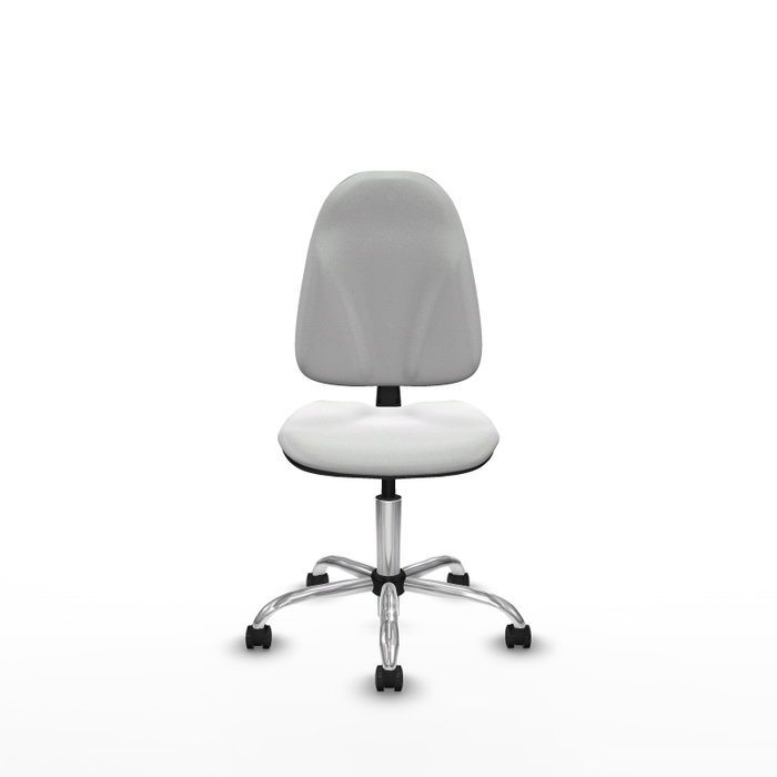 Chaise de bureau Algarra avec mécanisme de contact permanent de base, recouverte de tissu blanc. Équipée d'une base chromée, sans accoudoirs et de roulettes autobloquantes.