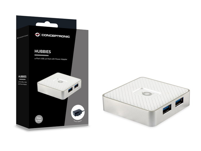 Conceptronic Hub USB 3.0 4 Ports (5Gbps) avec Adaptateur Secteur - Hubbies03 W 4