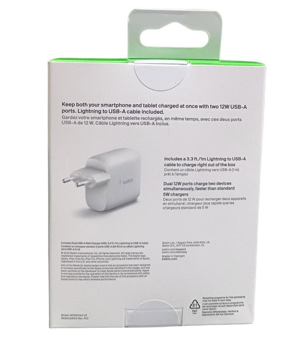 Belkin WCD001VF1MWH Chargeur mural double USB-A 24W 2 ports avec câble Lightning 1m Blanc