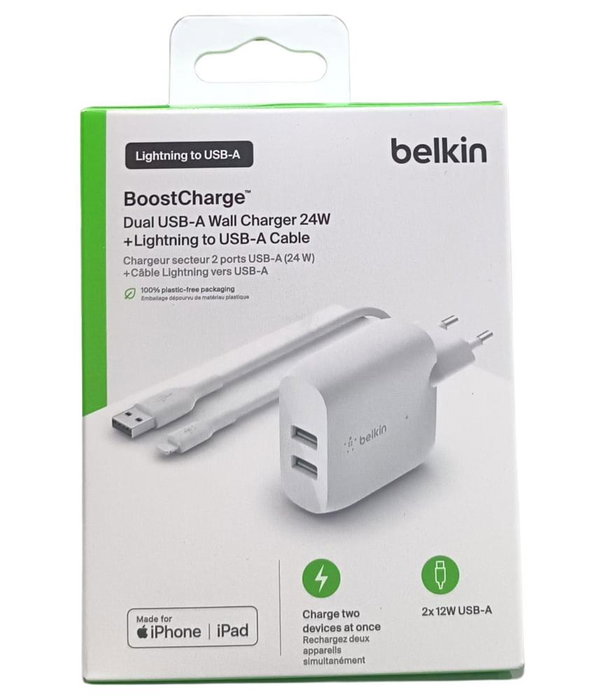 Belkin WCD001VF1MWH Chargeur mural double USB-A 24W 2 ports avec câble Lightning 1m Blanc