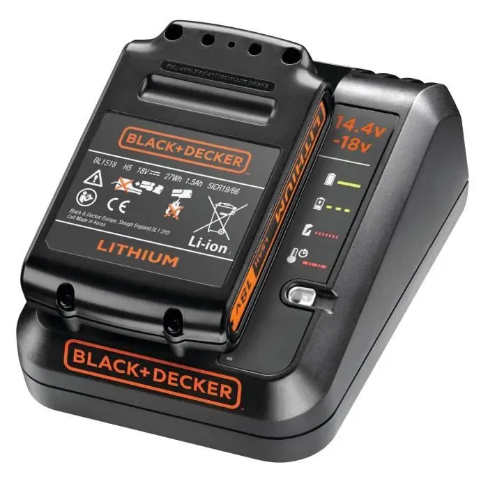 BLACK+DECKER BDC1A-QW Chargeur électrique pour batteries Lithium 14,4V et 18V - Couleur grise et orange - Garantie 2 ans