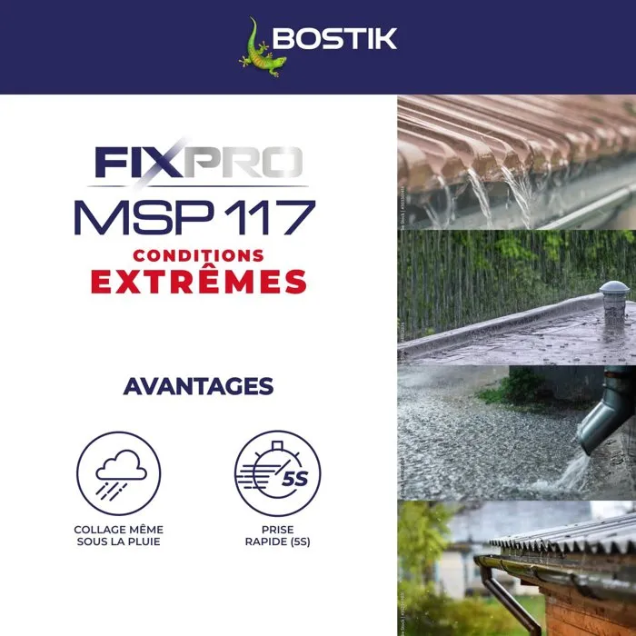 Bostik Fixpro MSP 117 - Mastic colle haute performance pour conditions extrêmes intérieur/extérieur - Résistant à l'eau, gel et UV - Blanc - Cartouche 290 ml Bostik Fixpro MSP 117 - Mastic colle haute performance pour conditions extrêmes intérieur/extérieur - Résistant à l'eau, gel et UV - Blanc - Cartouche 290 ml
