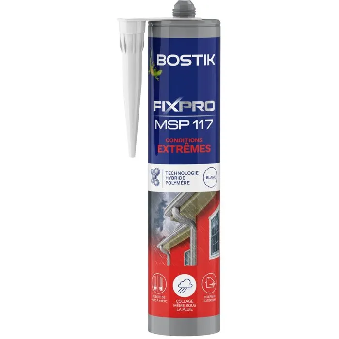 Bostik Fixpro MSP 117 - Mastic colle haute performance pour conditions extrêmes intérieur/extérieur - Résistant à l'eau, gel et UV - Blanc - Cartouche 290 ml Bostik Fixpro MSP 117 - Mastic colle haute performance pour conditions extrêmes intérieur/extérieur - Résistant à l'eau, gel et UV - Blanc - Cartouche 290 ml