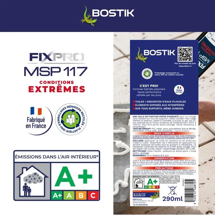 Bostik Fixpro MSP 117 - Mastic colle haute performance pour conditions extrêmes intérieur/extérieur - Résistant à l'eau, gel et UV - Blanc - Cartouche 290 ml Bostik Fixpro MSP 117 - Mastic colle haute performance pour conditions extrêmes intérieur/extérieur - Résistant à l'eau, gel et UV - Blanc - Cartouche 290 ml