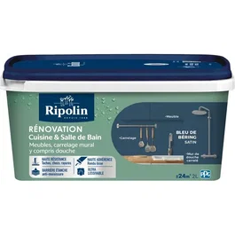 Ripolin - Peinture de rénovation cuisine et salle de bain satinée Bleu de Bering - Bidon 2L - Résistante aux taches, chocs et rayures - Ultra lessivable