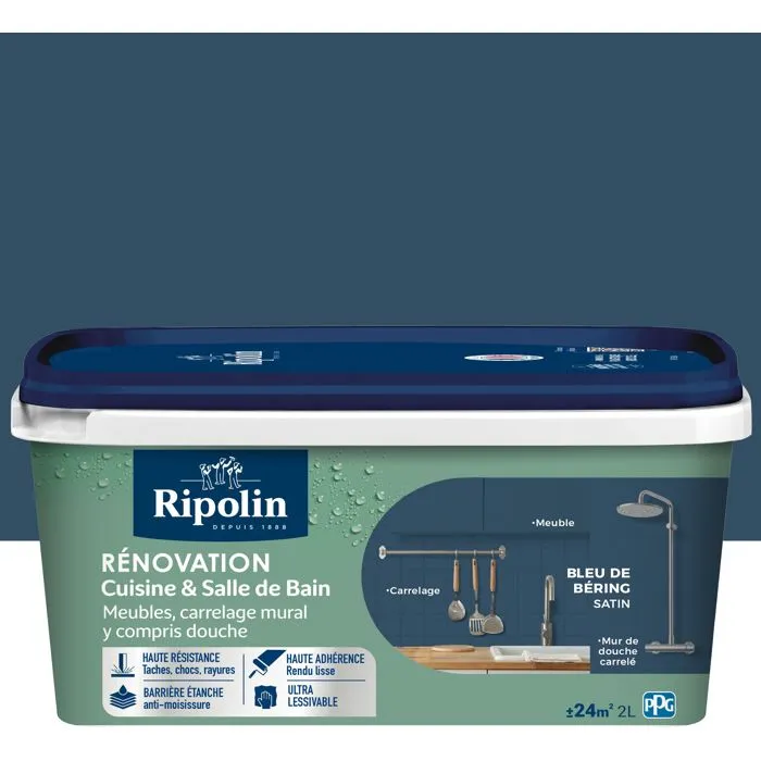 Ripolin - Peinture de rénovation cuisine et salle de bain satinée Bleu de Bering - Bidon 2L - Résistante aux taches, chocs et rayures - Ultra lessivable