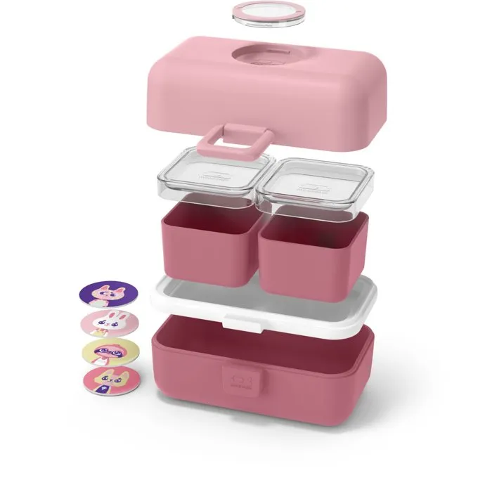 Monbento - Lunch Box Enfant 3 Compartiments Sans BPA MB Tresor Rose Blush - Boîte repas micro-ondable 0.8 L personnalisable