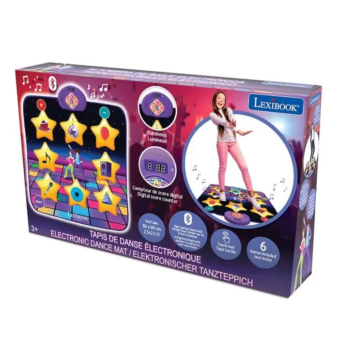 Lexibook DM10 - Tapis de danse électronique avec touches lumineuses, enceinte intégrée et Bluetooth - 6 modes de jeu - Violet/Jaune