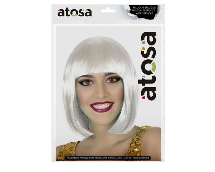Peluca Perruque Courte Lisse Blanche Avec Frange - 100 g - Pour Déguisement, Cosplay et Halloween