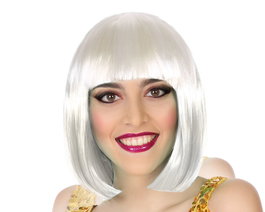 Peluca Perruque Courte Lisse Blanche Avec Frange - 100 g - Pour Déguisement, Cosplay et Halloween