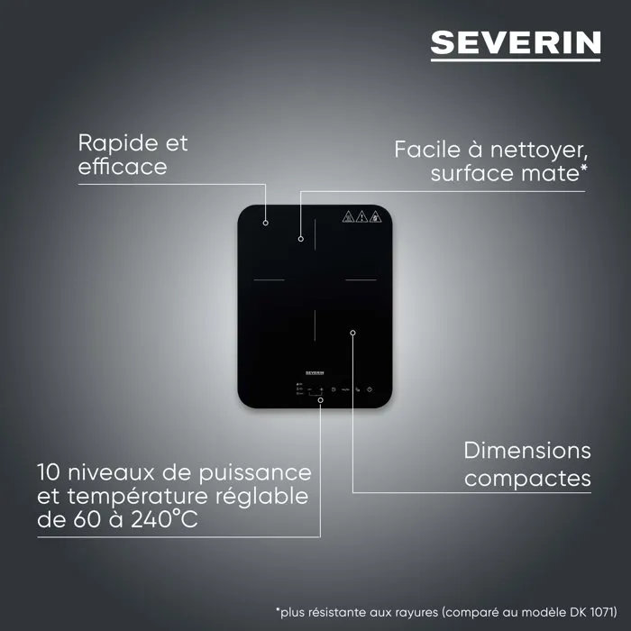 Severin DK1032 - Plaque à induction portable 1 foyer, 2000W, surface vitrocéramique 28x37cm, 10 niveaux, sécurité enfant, réglage 60-240°C, noir
