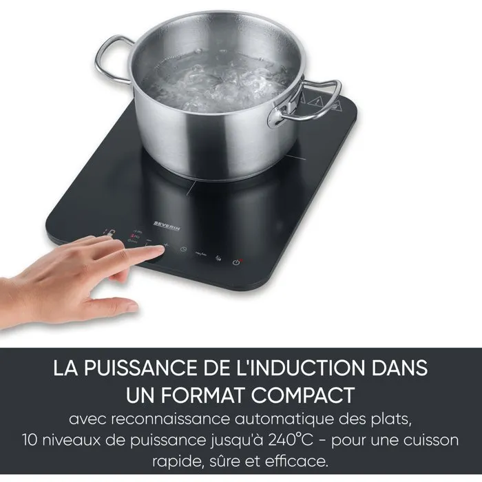 Severin DK1032 - Plaque à induction portable 1 foyer, 2000W, surface vitrocéramique 28x37cm, 10 niveaux, sécurité enfant, réglage 60-240°C, noir