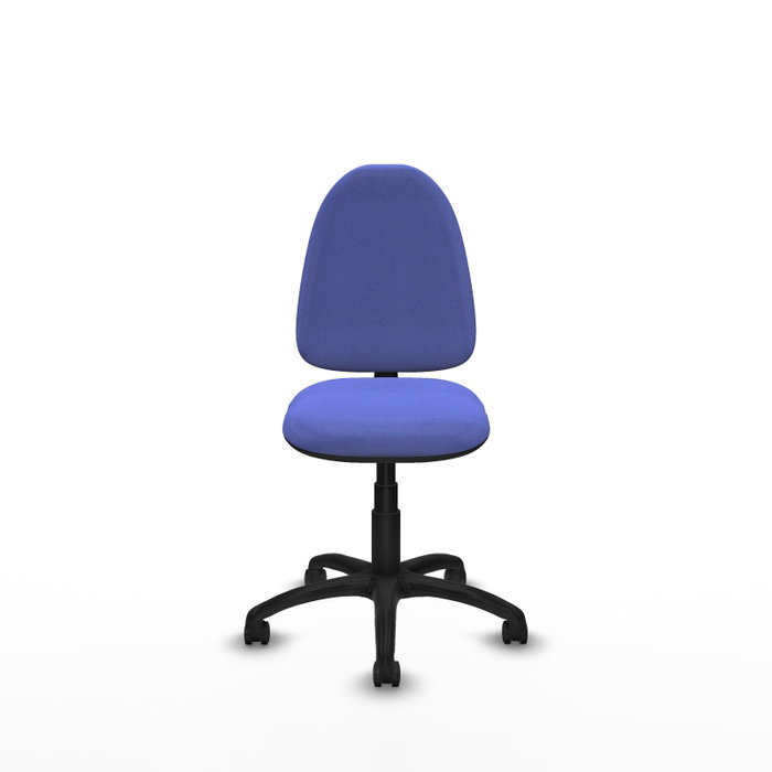 Chaise de bureau Aýna avec mécanisme Contact permanent de base, recouverte de tissu bleu clair. Équipée d'une base en polyamide noir, sans accoudoirs et avec des roulettes pour parquet