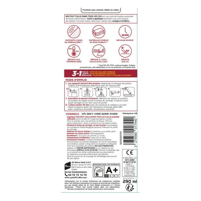 Cyanolit Colle Polymère Universelle CYANOLIT KOLTOUT CRISTAL Transparente - 290 ml - Fixation et Étanchéité Extrêmes - Résiste à 300 kg/10 cm², -30°C à +120°C