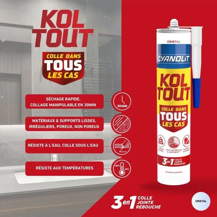 Cyanolit Colle Polymère Universelle CYANOLIT KOLTOUT CRISTAL Transparente - 290 ml - Fixation et Étanchéité Extrêmes - Résiste à 300 kg/10 cm², -30°C à +120°C