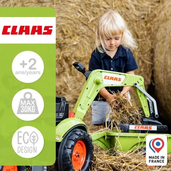 Falk - Tractopelle Claas Arion 410 avec Remorque, Pelle et Excavatrice pour Enfant, Véhicule à Pédales en Plastique Recyclé - Fabriqué en France