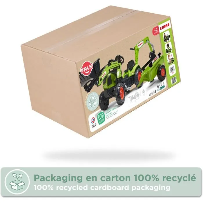Falk - Tractopelle Claas Arion 410 avec Remorque, Pelle et Excavatrice pour Enfant, Véhicule à Pédales en Plastique Recyclé - Fabriqué en France