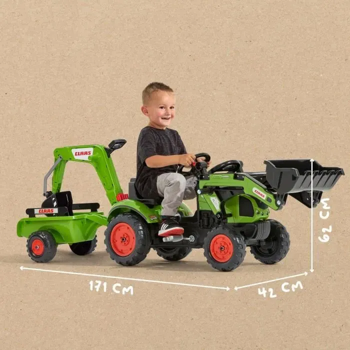 Falk - Tractopelle Claas Arion 410 avec Remorque, Pelle et Excavatrice pour Enfant, Véhicule à Pédales en Plastique Recyclé - Fabriqué en France