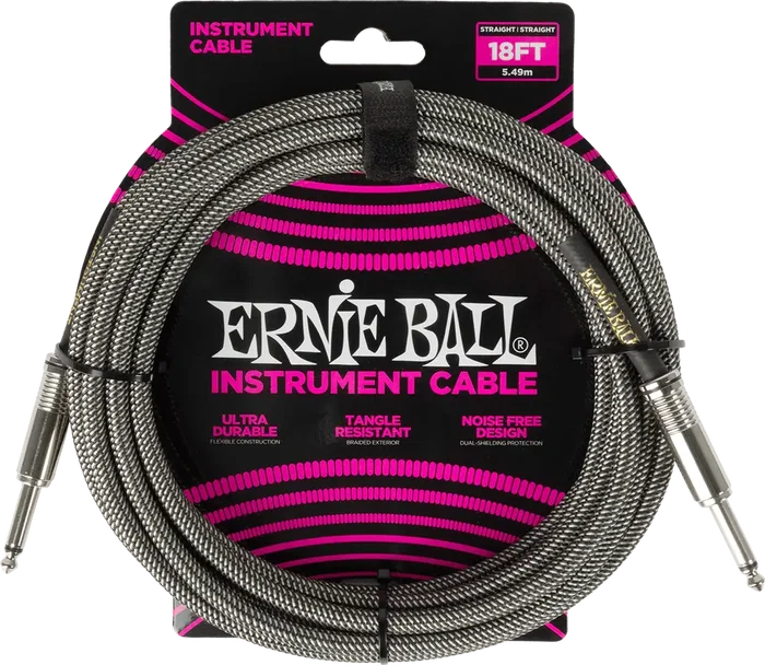 Ernieball Cable d'instrument Jack-Jack SS 5,5 m tressé Silver Fox - Câble guitare