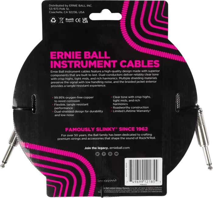 Ernieball Cable d'instrument Jack-Jack SS 5,5 m tressé Silver Fox - Câble guitare