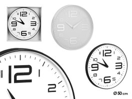 Giftdecor Horloge Ronde 50 cm Grands Chiffres Noir et Argent Plastique et Verre Sertis (Set de 6)