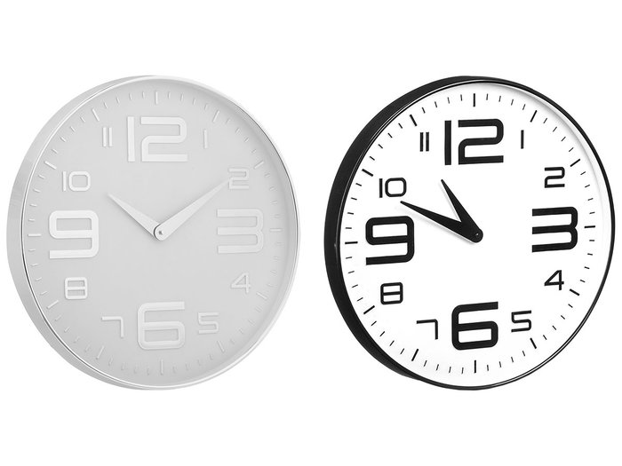 Giftdecor Horloge Ronde 50 cm Grands Chiffres Noir et Argent Plastique et Verre Sertis (Set de 6)