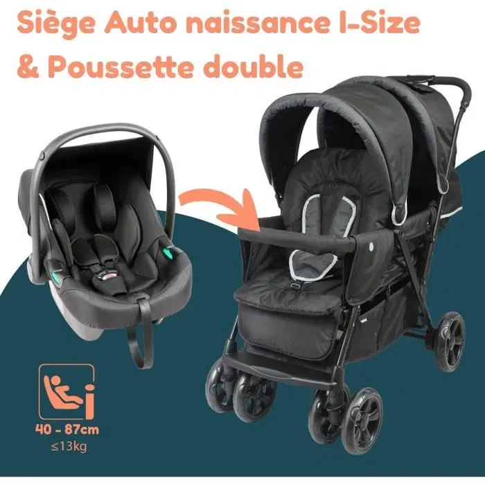 Bambisol TSPSTL Poussette double combinée 3-en-1 pour jumeaux ou enfants rapprochés avec siège auto i-Size, 6 roues, Noir