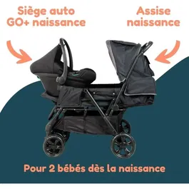 Bambisol TSPSTL Poussette double combinée 3-en-1 pour jumeaux ou enfants rapprochés avec siège auto i-Size, 6 roues, Noir