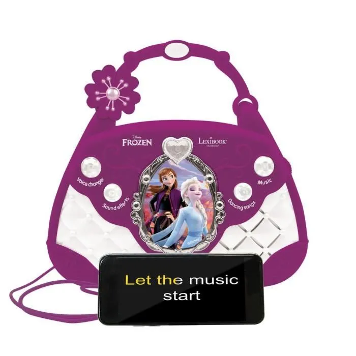 Lexibook - Sac à main enceinte musicale La Reine des Neiges pour enfant, avec microphone à effets vocaux, effets lumineux et port auxiliaire 3.5mm