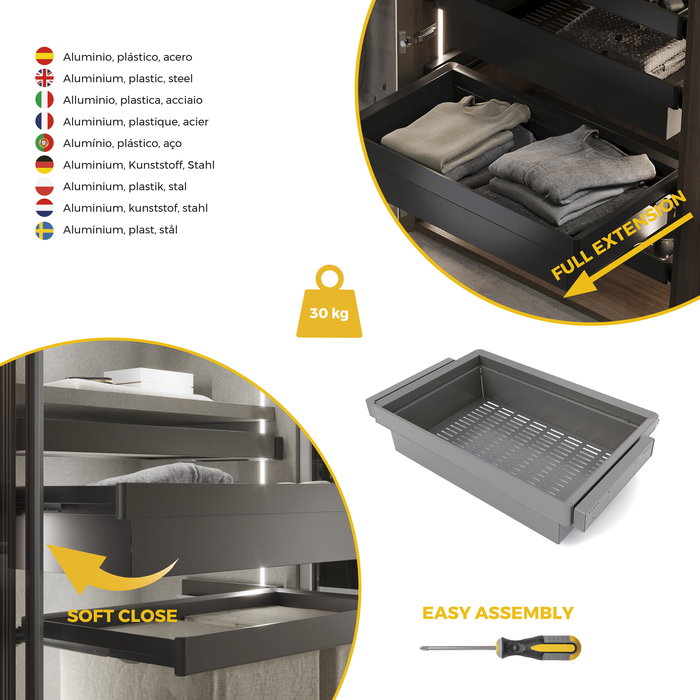 Emuca Kit panier métallique et rack ajustable Quartz pour armoires, glissières extension totale et à fermeture douce, Module 80cm, Finition Titane