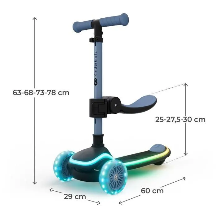 Kinderkraft RAKET UP 2 en 1 Trottinette Enfant avec siège pliable et roues LED, Bleu