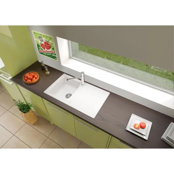 Stradour Evier de cuisine 1 bac + 1 égouttoir à encastrer en résine Arena, 86 x 50 cm, Blanc