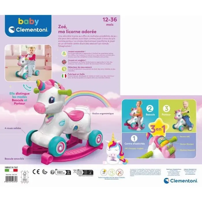 Clementoni - Licorne à bascule et à roues - Rose - Capteur de caresse et détecteur de mouvement - Jouet interactif évolutif pour enfant
